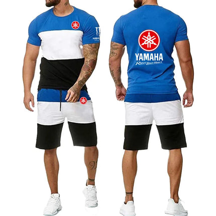 Yamaha  Logo Men's short sleeved T-shirt and shorts, two-piece sports set, summer, fashionable set, comfortable casual set, spor