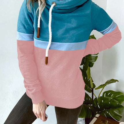 Women's sweatshirt 2024 new autumn and winter solid color stitching casual high collar hooded cross-border sweatshirt for women