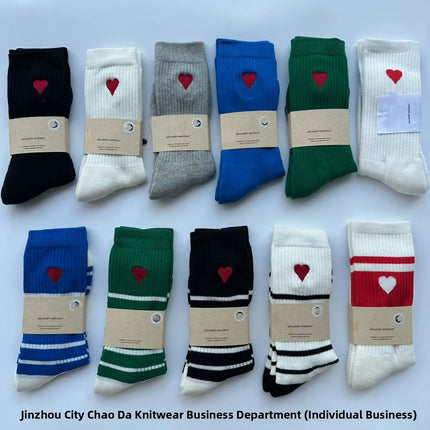 Casual Cotton Crew Socks with Embroidered Hearts Unisex Ankle High Sweat Absorbing Black White Grey Trendy Socks for Sports