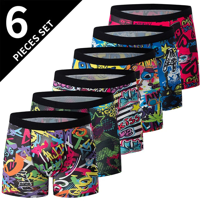 6Pcs Men's Fashion Printing Long Boxer Underwear Comfortable Plus Size Sexy Shorts Teenagers Multicolor Combination Uunderwear