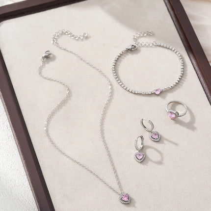 Charm Simple Cube Zirconia Love Design Pendant Necklace Ring Earrings Bracelet Set Banquet Jewelry