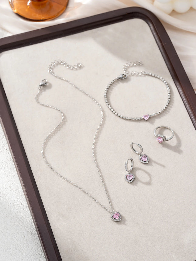 Charm Simple Cube Zirconia Love Design Pendant Necklace Ring Earrings Bracelet Set Banquet Jewelry
