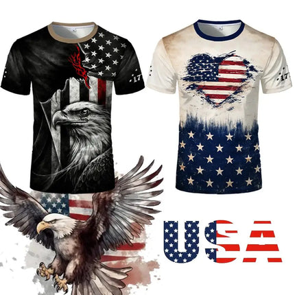 Retro American Flag Style 3D Print T-shirt Summer Eagle Heart Graphic Tee Street Unisex Sports Casual Breathable Short Sleeve