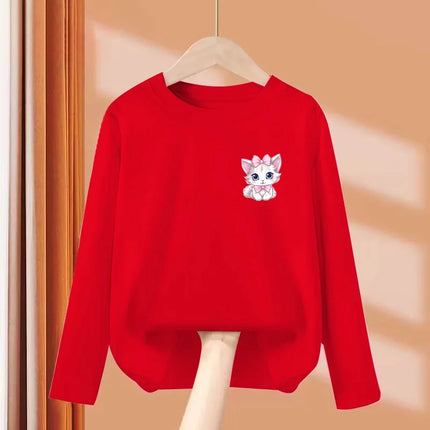 2024 Cute Bow Cat Dress Baby Girl Long Sleeved T-shirt Cartoon Kitty Cotton Tops Girls Spring Leisure Tees 3-14 Age
