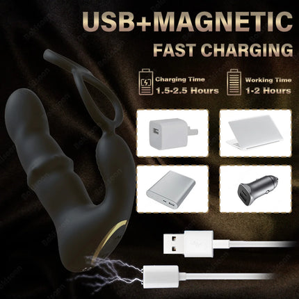 9 Wiggling Thrusting Beads Prostate Massager Vibrating Butt Plug with Penis Ring Vibrator Anal Dildo Prostate Stimulor for Men
