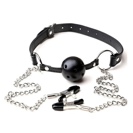1Pc Erotic Toy PU Leather Mouth Gag Ball Oral Sex With Chain Clip Breast Nipple Clamps Bondage Harness Sex Toys Adult Games