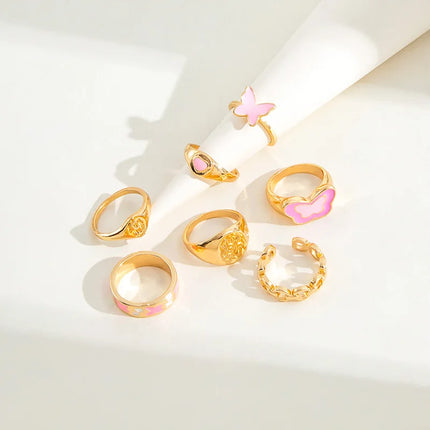 Colorful Enamel Butterfly Kunckle Rings Set For Women Geometric Heart Dollar Sign Finger Ring Girls Summer Fashion Jewelry