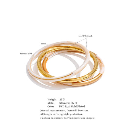 Yhpup 1Set 66mm 3 Round Circle Resin Overlay Minimalist Bracelet Bangle Set 18K Gold Plated Stainless Steel Wrist Trend Jewelry