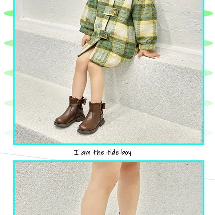 Girls Ankle Boots with Back Bow-knot Kids Short Boots Soft Sole 2025 New Girls' Princess Leather Boots with Warm Cotton Side Zip