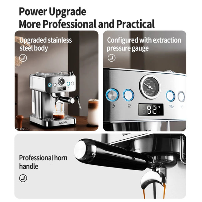 20-Bar Semi-Automatic Espresso Machine, Stainless Steel Casing, Professional Spouted Portafilter, Equipped with a pressure gauge
