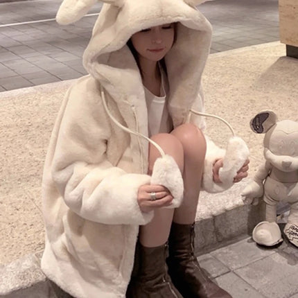 Nerazzurri Spring fluffy jacket with rabbit ears raglan sleeve zipper Oversize light soft harajuku kawaii faux fur hoodie 2021