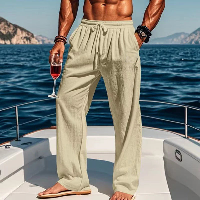 Men's Lightweight Breathable Linen Blend Pants with Drawstring Waist Loose Fit Beach Trousers
