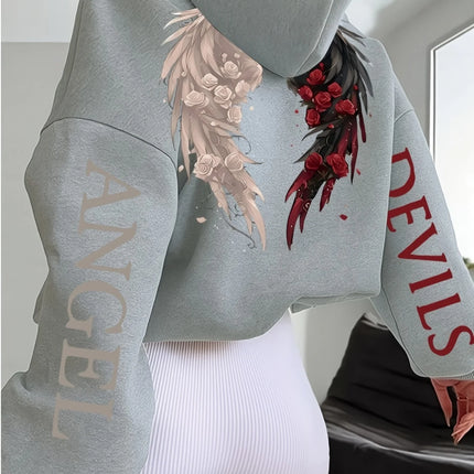 Women's Plus-size Hooded Sweatshirt Gothic Angel and Demon Pattern Autumn and Winter Fleece Streetwear Oversized Loose Casual