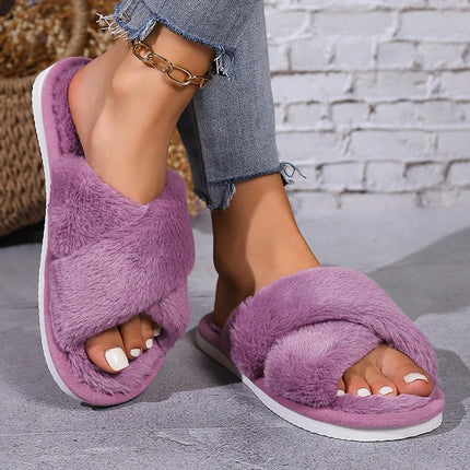 Cross Warm Fluffy Furry Slippers Women Lightweight Flat Heels Fur Slides Woman Autumn Winter Open Toe Non Slip Home Floor Shoes