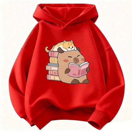 Cute Cat with Capybara Reading Book Hoodies Children's Sweatshirt Hoody for Boys Girls Spring  Casual Hoodie