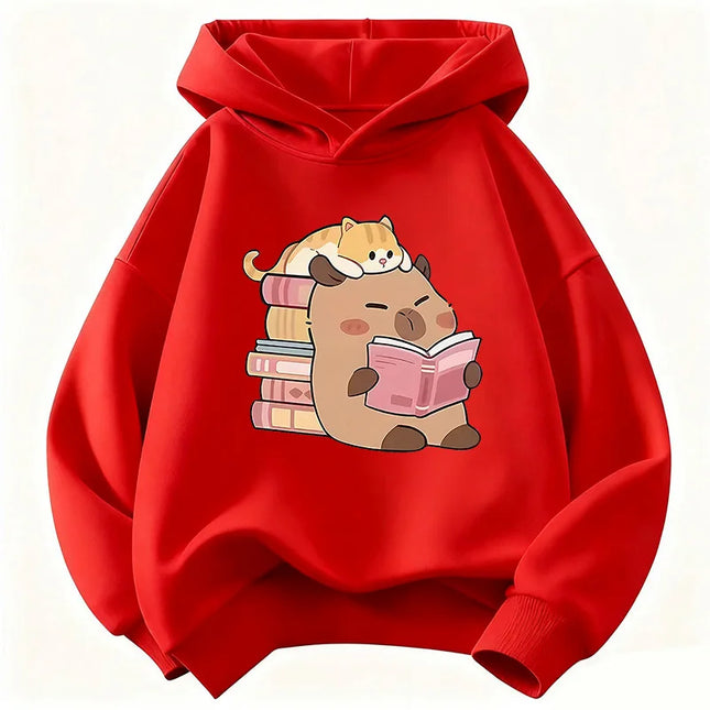 Cute Cat with Capybara Reading Book Hoodies Children's Sweatshirt Hoody for Boys Girls Spring  Casual Hoodie