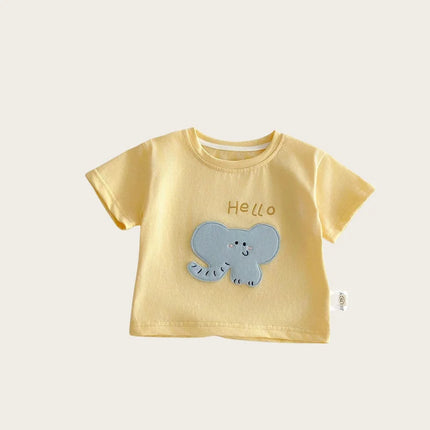2026 New Summer Kids Clothes Cute Cartoon Patch Short Sleeve T-shirt 0-5Y Girls Boys Letter Print Casual Soft Undershirt