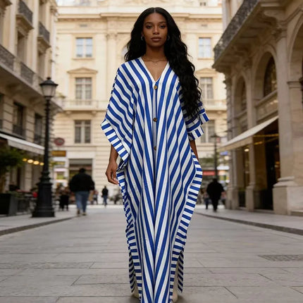 Women's clothing 2026 autumn new style sweet and fresh striped V-neck batsleeves loose large-size dress long dress