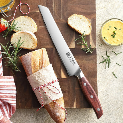 XINZUO 8.2 Inches Bread Knife High Hardness Steel 3 Layers Composite Steel Hardness 60±1HRC Wooden Handle Cut Bread Cake