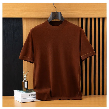 2026 Spring/Summer New Men's Short Sleeved 100% Wool T-Shirt Sweater O-neck Solid Color Loose Knit Pullover Business Casual Tops