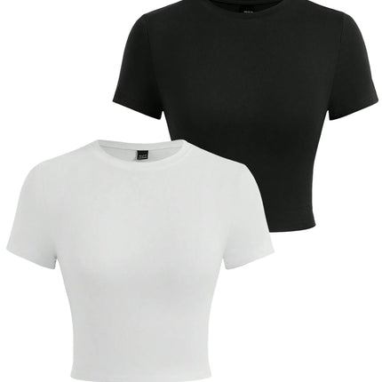 Y2K Woman Solid Cotton Crop Tops Short Sleeve High Elastic T-Shirt Soft O-Neck Sporty Tees Summer Street Fashion Female Clothes