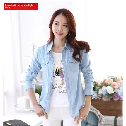 Slim Fit Cotton Denim Shirt Long Sleeve Women's Spring Autumn Summer Student Professional Outerwear Fashionable Casual Top