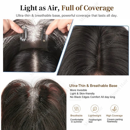 Summer Hair Topper For Thin Hairpart Breathable Handmade Lace Base Natural Human Hair Clip In Extensions 10inch 25cm Brown Black