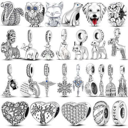 Inlaid Zircon Charm Beads 925 Sterling Silver Color Love Heart Snake Dangle Fit Original Bangle Bracelet Charms Pendant Jewelry