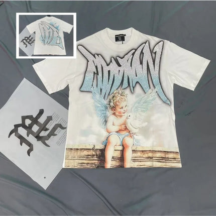 Fashion Brand MIXED EMOTION T-shirts Men Women Couple Streetwear Angel Print Summer Top Tee Round Neck Short Sleeve