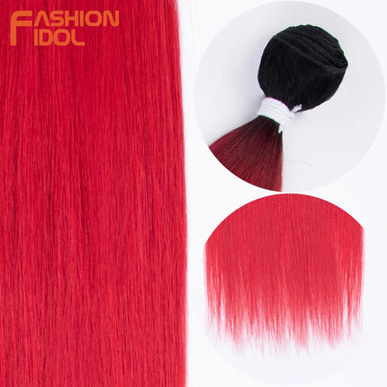 FASHION IDOL Synthetic Hair Bundles 30 inch Salon Yaki Straight Hair Ombre Red High Temperature Fiber Ponytail Hair Extensions