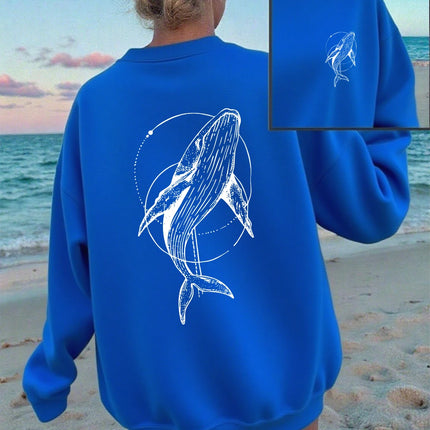 Humpback Whale Printing Sweatshirts Women Casual Crewneck Hoodies Winter Fleece Warm Pullover Loose Comfortable Womans Clothes