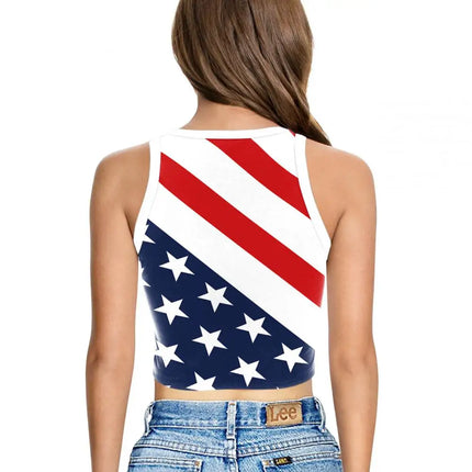 Nadanbao Women's Vest Summer Casual American Flag Tie Dyeing Cropped Tight Sleeveless T-Shirt Streetwear Crop Tops Y2K Tees