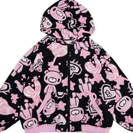 Harajuku Style Violent Bear Hoodie Sweatshirt Streetwear Loose Fit Long Sleeve Cartoon Anime Print Cutesy Boring Sweet Cool