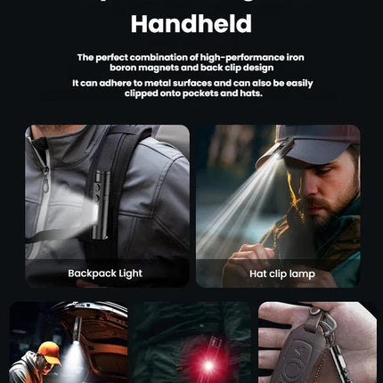 Portable Strong Light Mini LED Flashlight Magnetic Keychain Lamp Waterproof Cap Clip Lamp Type-C Charging for Hiking Camping