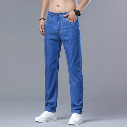 Lyocell Jeans Summer Ultra-Thin Elastic Straight Men's Denim Pants Fashion Korean Soft Drape Cool Business Casual Trousers