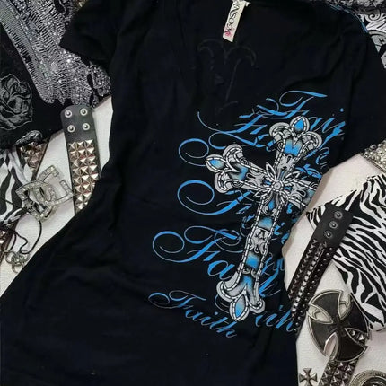 Rock Gothic Streetwear Letter Cross Graphic T-shirts Gyaru 2000s Clothes Harajuku Top Women V-neck Tees Sweet Y2k Vintage T-shirt