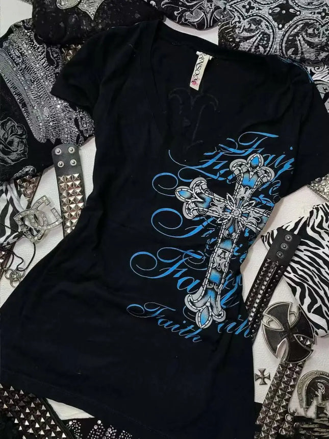 Rock Gothic Streetwear Letter Cross Graphic T-shirts Gyaru 2000s Clothes Harajuku Top Women V-neck Tees Sweet Y2k Vintage T-shirt