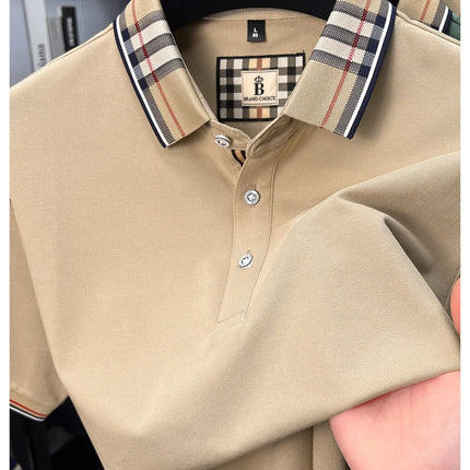 Men's high-end silky cotton breathable short-sleeved polo shirt, new summer trend, plaid lapel, designer brand, casual golf T-shirt