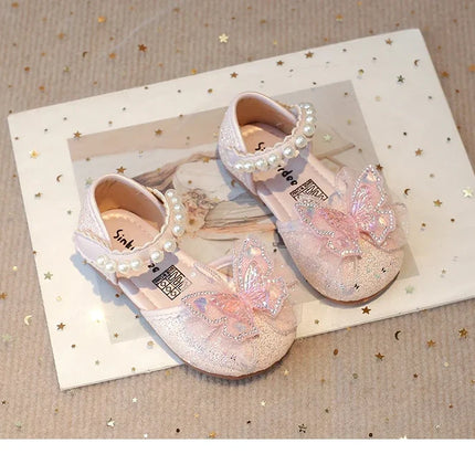 Chic Girls Dress Shoes for Wedding Party Bling Sequins with Rhinestone Butterfly Sweet Princess Chic Kids Flat Shoes Lace Beaded