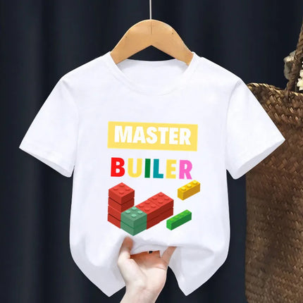 Master Builder Blocks Building Print Cartoon Kids T shirt Girls Summer Tops Baby Boys Clothes Children Short Sleeve T-shirts