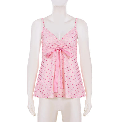 SUCHCUTE Chic Sweet Cute Polka Dot Print Bow Lace-up Camisole Women V Neck Sleeveless Crop Top Y2k Streetwear Slim Tanks Summer
