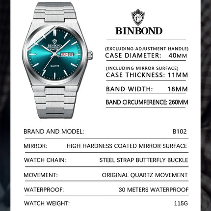BINBOND 102 Couple Quartz Watch Men's Original Watch Waterproof Night Light Date Week Stainless Steel Men's and Women's Watch