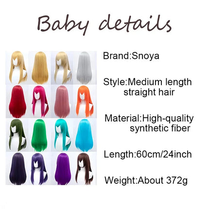 Snoya 60cm synthetic long straight cosplay wig with bangs Heat Resistant hair Anime pink blonde red blue purple women wig