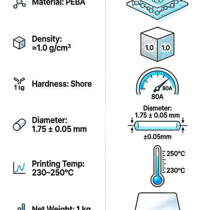 PEBA filament 1.75mm for shoe midsole,super elastic 3D printing material with high energy return,more flexible1kg spool (2.2lbs)