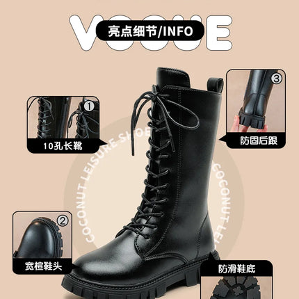 Girls' Boots Autumn Winter British Style Lace Up Long Boots Solid Color Princess Leather Boots Plus Velvet Kids Knight Boot