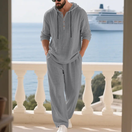 New Men's Linen Hooded Pullover Set - Loose Fit, Comfortable Casual Long-Sleeved Shirt and Wide-Leg Pants - Summer Beach Wear