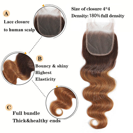 12A Ombre Body Wave Bundles Human Hair With Closure Unprocessed Virgin Hair Brazilian Ombre Colored 3/4 Bundles With Closure