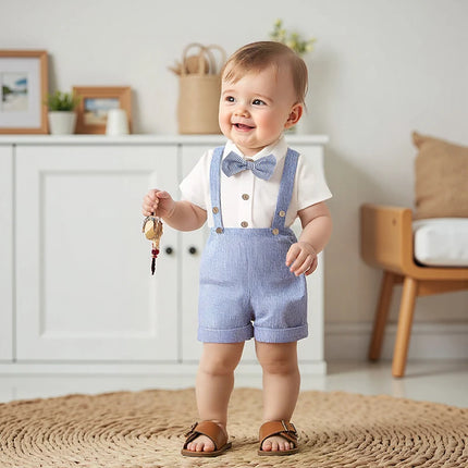 Pudcoco Baby Boy Gentleman Outfit Solid Color Short Sleeve Lapel Neck Romper with Stripe Suspender Shorts and Bowtie 0-18M