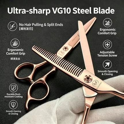 KALMAS Genuine VG10 Steel Rose Gold 6-inch Scissors Set, Suitable for Stylists' Hair Clippers with No Trace Teeth Clippers