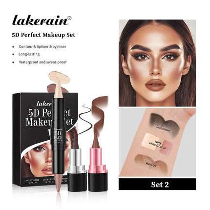5D Perfect Makeup Set With Contouring Stick Eyeliner And Lipstick Easy Coloring Sweat-proof Long Lasting Daily Makeup Set